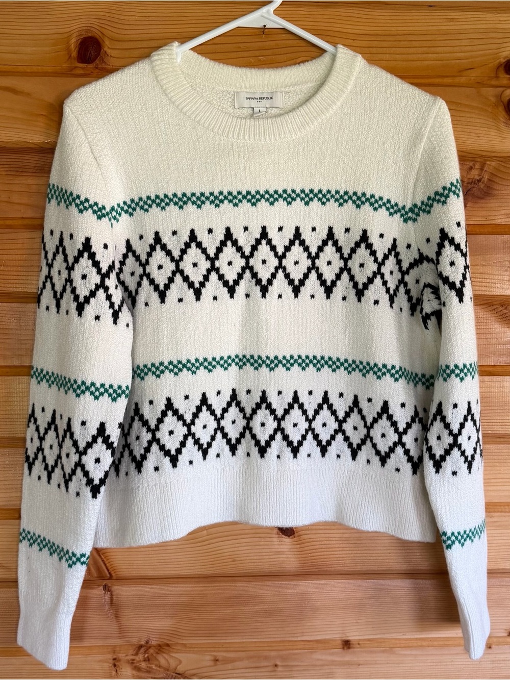 Banana Republic Cream Fair Isle Crewneck Sweater with Black and Green Pattern